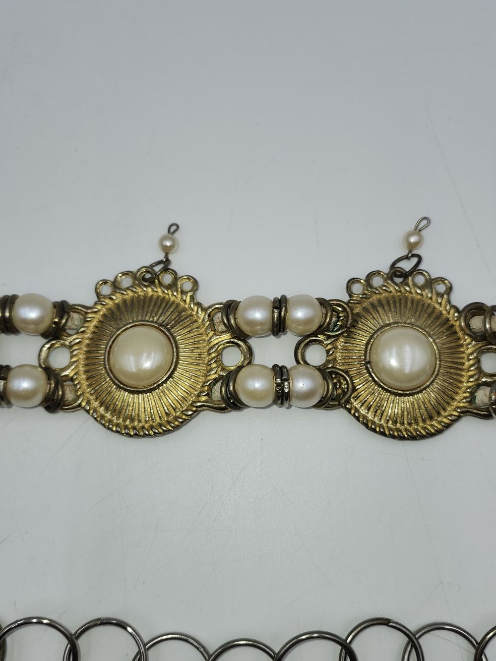 Vintage Gold Tone Filigree Faux Pearl Medallion Chain Belt Adjustable